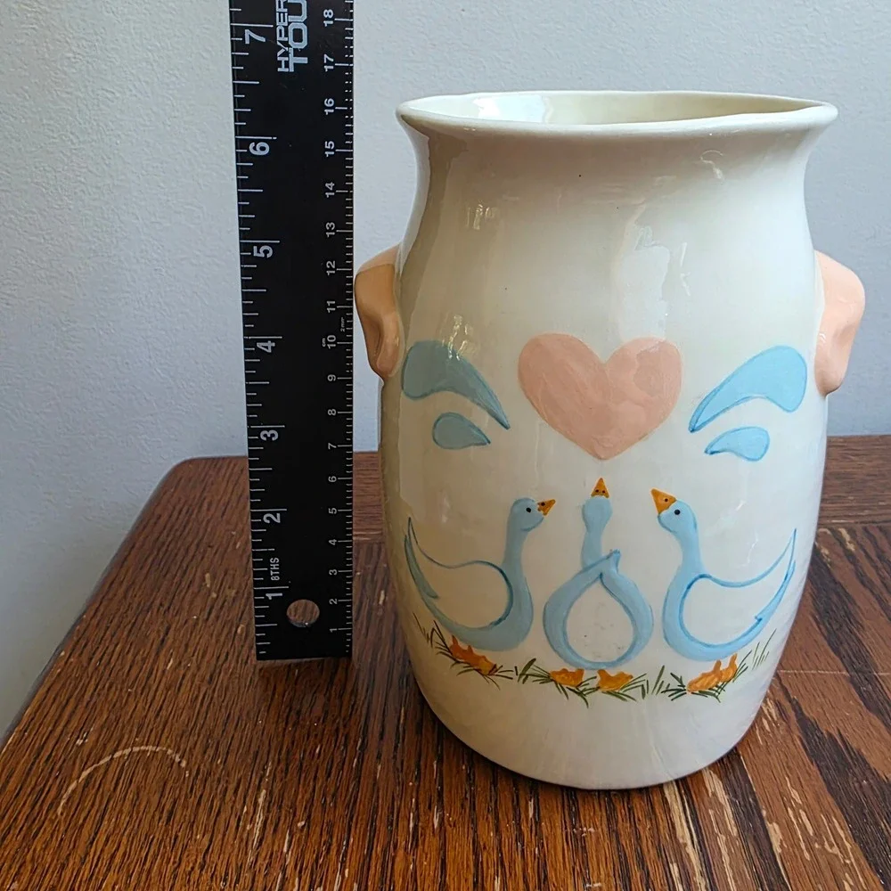 Vintage Handmade Ceramic Goose Crock Vase 80s 90s Kitchen Cottagecore Blue Pink